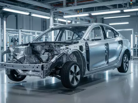 Modernes Elektroauto-Fahrgestell in einer hochmodernen Produktionshalle bei der Montage. - Foto: über boerse-global.de