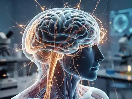 Abstrakte Darstellung der Muskel-Hirn-Achse mit leuchtenden Nervenbahnen und Muskelfasern als Symbol für neurologische Forschung. - Foto: über boerse-global.de