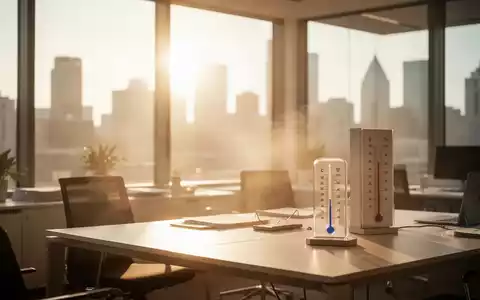 Modernes Büro bei starker Sonneneinstrahlung mit einem Thermometer auf dem Schreibtisch als Symbol für Hitzeschutz. - Foto: über boerse-global.de