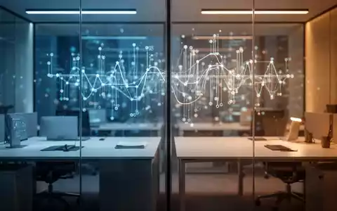 Abstraktes Bild einer modernen Büroumgebung mit Glaswänden und digitalen Datenstrukturen im Hintergrund. - Foto: über boerse-global.de