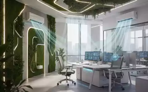 Modernes, klimatisiertes Büro mit ergonomischem Arbeitsplatz und grünen Architekturelementen zur Hitzeprävention. - Foto: über boerse-global.de