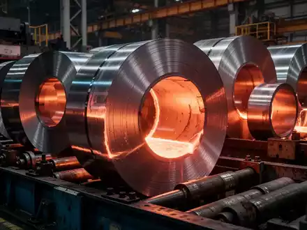 Nahaufnahme glühender Stahlrollen in einem modernen Industriewerk als Symbol für die europäische Stahlregulierung. - Foto: über boerse-global.de