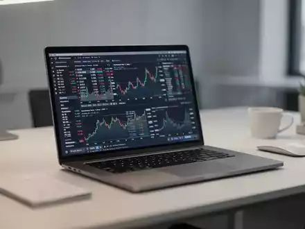 Ein minimalistischer Büroarbeitsplatz mit einem Laptop, der Finanzdaten und Diagramme anzeigt, in einer professionellen Umgebung. - Foto: über boerse-global.de