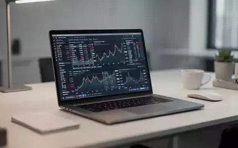 Ein minimalistischer Büroarbeitsplatz mit einem Laptop, der Finanzdaten und Diagramme anzeigt, in einer professionellen Umgebung. - Foto: über boerse-global.de