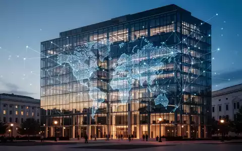 Digitales Netzwerkgitter über einem modernen Bürogebäude in Washington zur Symbolisierung des transatlantischen Datenaustauschs. - Foto: über boerse-global.de