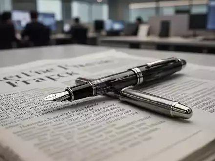 Ein Füllfederhalter liegt auf einer gedruckten Zeitungsseite in einer modernen Redaktionsumgebung. - Foto: über boerse-global.de