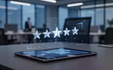 Abstrakte Darstellung eines Online-Bewertungssystems auf einem Tablet in einem modernen Büroumfeld. - Foto: über boerse-global.de