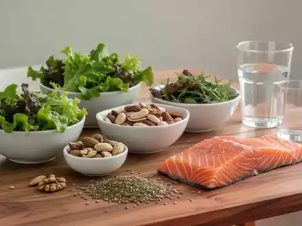 Gesunde, frische Lebensmittel wie NĂŒsse, Fisch und GemĂŒse auf einem Holztisch als Symbol fĂŒr eine migrĂ€nefreundliche ErnĂ€hrung. - Foto: ĂŒber boerse-global.de