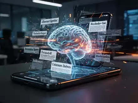 Ein leuchtendes digitales Gehirn auf einem Smartphone-Bildschirm zeigt fragmentierte Nachrichten und Datenströme. - Foto: über boerse-global.de