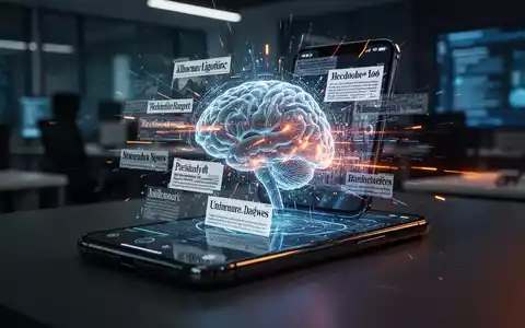 Ein leuchtendes digitales Gehirn auf einem Smartphone-Bildschirm zeigt fragmentierte Nachrichten und Datenströme. - Foto: über boerse-global.de