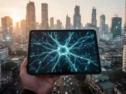Moderne digitale Infrastruktur und ein Tablet mit KI-Visualisierungen vor einer wachsenden Stadtlandschaft. - Foto: über boerse-global.de