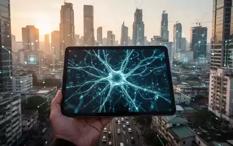 Moderne digitale Infrastruktur und ein Tablet mit KI-Visualisierungen vor einer wachsenden Stadtlandschaft. - Foto: über boerse-global.de