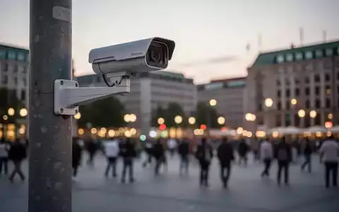 Moderne Überwachungskamera an einem Mast vor einer unscharfen Berliner Stadtkulisse bei Dämmerung. - Foto: über boerse-global.de