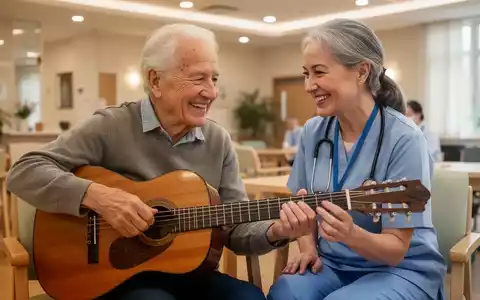Ein Senior und eine Pflegekraft spielen gemeinsam Gitarre in einem hellen, freundlichen Gemeinschaftsraum. - Foto: über boerse-global.de