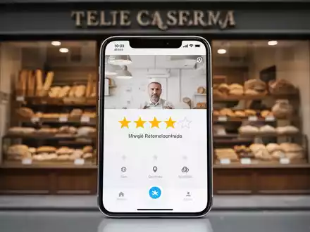 Ein Smartphone zeigt eine Online-Bewertungsmaske vor dem unscharfen Hintergrund einer Bäckerei. - Foto: über boerse-global.de