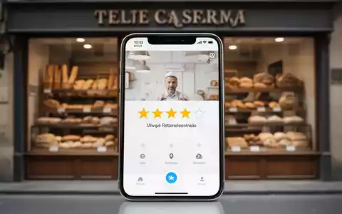 Ein Smartphone zeigt eine Online-Bewertungsmaske vor dem unscharfen Hintergrund einer Bäckerei. - Foto: über boerse-global.de