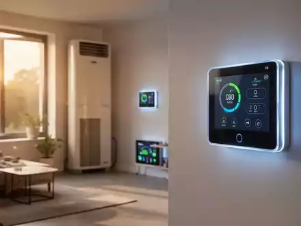 Modernes, energieeffizientes Wohnzimmer mit digitalem Smart-Home-Energiemonitor an der Wand und moderner Heiztechnik. - Foto: über boerse-global.de