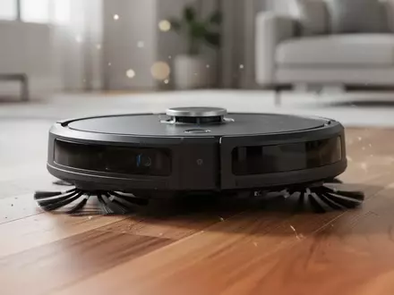 Moderner Saug- und Wischroboter reinigt einen hellen Holzboden in einem minimalistischen Wohnraum. - Foto: über boerse-global.de