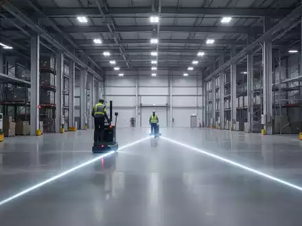 Laserbasierte Lichtprojektion auf einem Lagerhallenboden zur visuellen Navigation von Mitarbeitenden in der Intralogistik. - Foto: über boerse-global.de