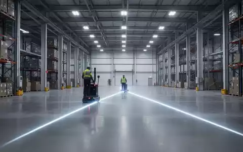 Laserbasierte Lichtprojektion auf einem Lagerhallenboden zur visuellen Navigation von Mitarbeitenden in der Intralogistik. - Foto: über boerse-global.de