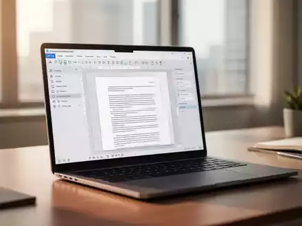 Ein Laptop-Bildschirm zeigt professionelle Dokumentbearbeitungssoftware in einem modernen, gut beleuchteten Büroarbeitsplatz. - Foto: über boerse-global.de