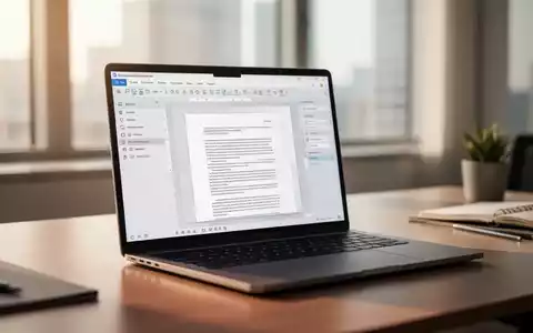Ein Laptop-Bildschirm zeigt professionelle Dokumentbearbeitungssoftware in einem modernen, gut beleuchteten Büroarbeitsplatz. - Foto: über boerse-global.de