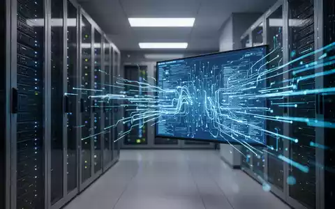 Ein moderner Serverraum mit leuchtenden Datensymbolen auf einem Bildschirm als Symbol für IT-Sicherheit und Verwaltung. - Foto: über boerse-global.de