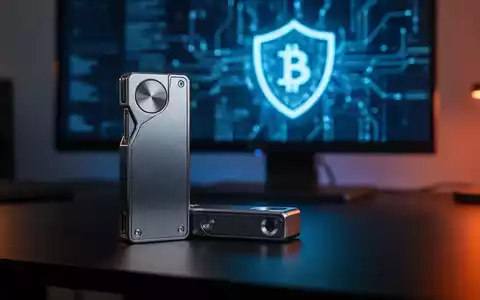 Ein Hardware-Wallet auf einem Schreibtisch vor einem unscharfen Monitor mit einem digitalen Sicherheitssymbol. - Foto: über boerse-global.de