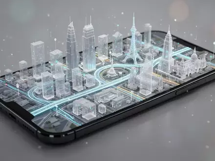 Ein Smartphone zeigt eine detaillierte 3D-Kartenansicht einer Stadt mit transparenten Gebäuden und Navigationsrouten. - Foto: über boerse-global.de