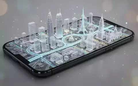 Ein Smartphone zeigt eine detaillierte 3D-Kartenansicht einer Stadt mit transparenten Gebäuden und Navigationsrouten. - Foto: über boerse-global.de