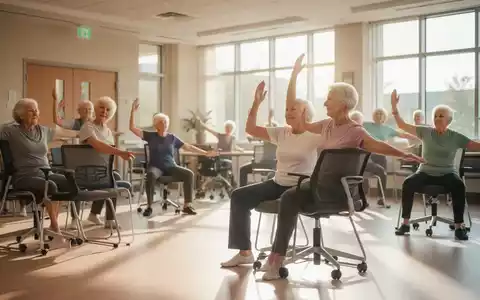 Senioren nehmen in einem hellen Raum an einem Stuhl-Yoga-Kurs teil und führen sanfte Dehnübungen auf Stühlen aus. - Foto: über boerse-global.de