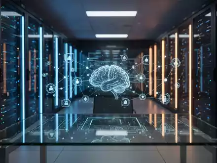 Modernes Rechenzentrum mit leuchtenden Servern und einer holografischen Benutzeroberfläche für Cybersecurity und KI. - Foto: über boerse-global.de