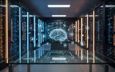 Modernes Rechenzentrum mit leuchtenden Servern und einer holografischen Benutzeroberfläche für Cybersecurity und KI. - Foto: über boerse-global.de
