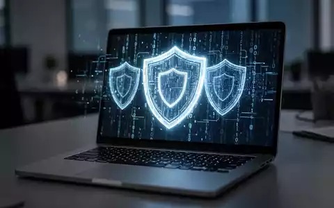 Ein Laptop-Bildschirm mit digitalen Sicherheitsgrafiken und abstraktem Code, der die Bedrohung durch KI-gestützten Cyberbetrug darstellt. - Foto: über boerse-global.de