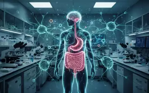 Stilisierte Darstellung der Darm-Hirn-Achse als leuchtendes neuronales Netzwerk in einer medizinischen Umgebung. - Foto: über boerse-global.de