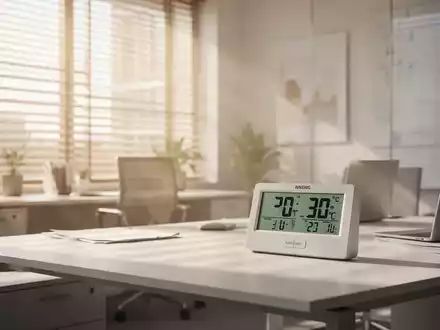 Digitales Thermometer in einem modernen Büro zeigt eine Temperatur von 30 Grad Celsius an. - Foto: über boerse-global.de