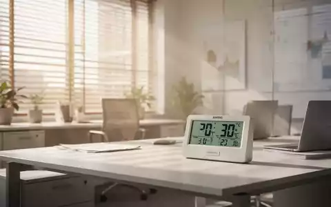 Digitales Thermometer in einem modernen Büro zeigt eine Temperatur von 30 Grad Celsius an. - Foto: über boerse-global.de
