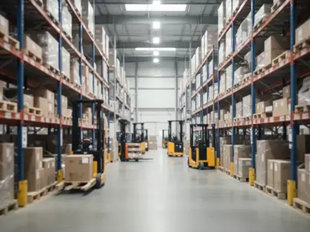 Ein modernes Großhandelslager mit Regalen und Logistikgeräten in professioneller, heller Beleuchtung. - Foto: über boerse-global.de