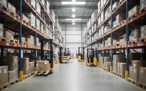 Ein modernes Großhandelslager mit Regalen und Logistikgeräten in professioneller, heller Beleuchtung. - Foto: über boerse-global.de