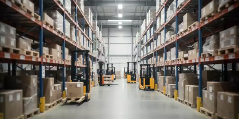 Ein modernes Großhandelslager mit Regalen und Logistikgeräten in professioneller, heller Beleuchtung. - Foto: über boerse-global.de