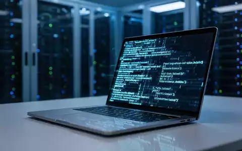 Ein moderner Arbeitsplatz mit leuchtenden Computercodes auf einem Laptopbildschirm im Hintergrund eines Serverraums. - Foto: über boerse-global.de