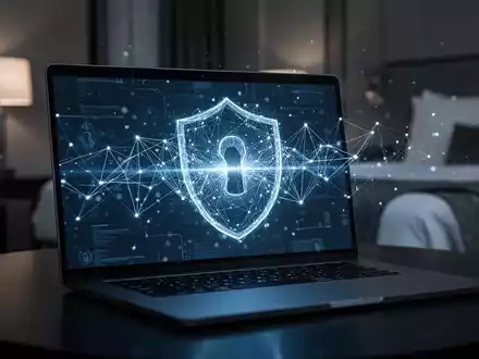Ein Laptop-Bildschirm zeigt eine digitale Netzwerkoberfläche in einem dunklen Hotelzimmer, was einen Cyberangriff auf WLAN darstellt. - Foto: über boerse-global.de