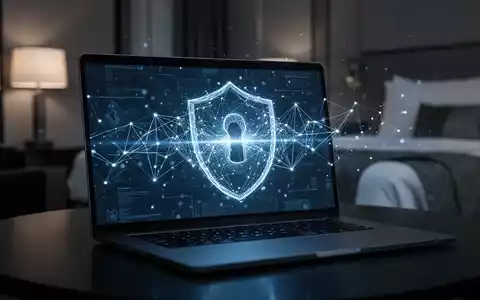 Ein Laptop-Bildschirm zeigt eine digitale Netzwerkoberfläche in einem dunklen Hotelzimmer, was einen Cyberangriff auf WLAN darstellt. - Foto: über boerse-global.de