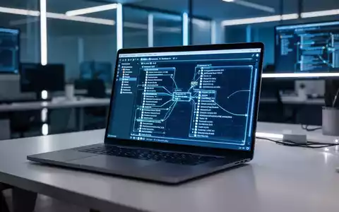 Ein moderner Arbeitsplatz mit einem Laptop, auf dessen Bildschirm eine komplexe Netzwerk-Ordnerstruktur zu sehen ist. - Foto: über boerse-global.de