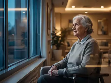 Ein nachdenklicher älterer Mensch blickt in einem hellen, modernen Pflegezimmer aus dem Fenster. - Foto: über boerse-global.de