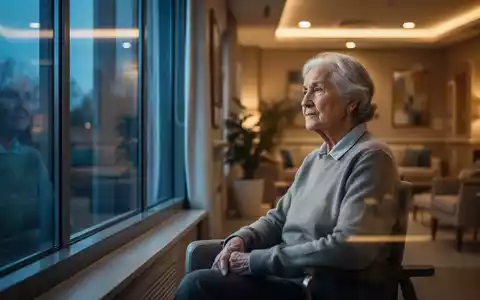 Ein nachdenklicher Ă€lterer Mensch blickt in einem hellen, modernen Pflegezimmer aus dem Fenster. - Foto: ĂŒber boerse-global.de