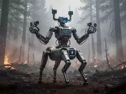 Ein zentaurenartiger Roboter mit vier Beinen und Greifarmen in einer unwegsamen Waldbrandumgebung. - Foto: über boerse-global.de
