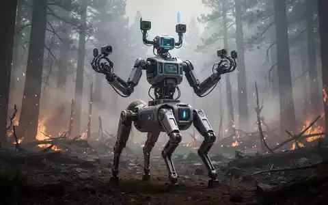 Ein zentaurenartiger Roboter mit vier Beinen und Greifarmen in einer unwegsamen Waldbrandumgebung. - Foto: über boerse-global.de