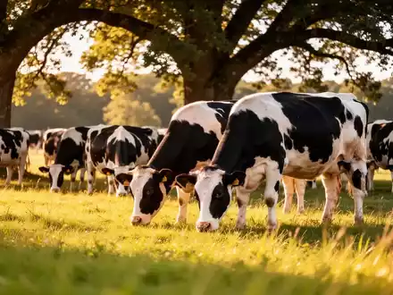 Eine Rinderherde auf einer sonnigen Weide mit schattenspendenden Bäumen an einem heißen Sommertag. - Foto: über boerse-global.de