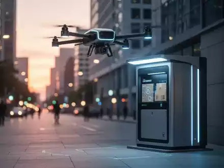 Eine moderne Lieferdrohne über einer gesicherten Abholstation für Medikamente in einem urbanen Umfeld. - Foto: über boerse-global.de